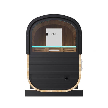Holl's Cocoon compact outdoor sauna shown from the front, 150cm wide for terraces and small gardens