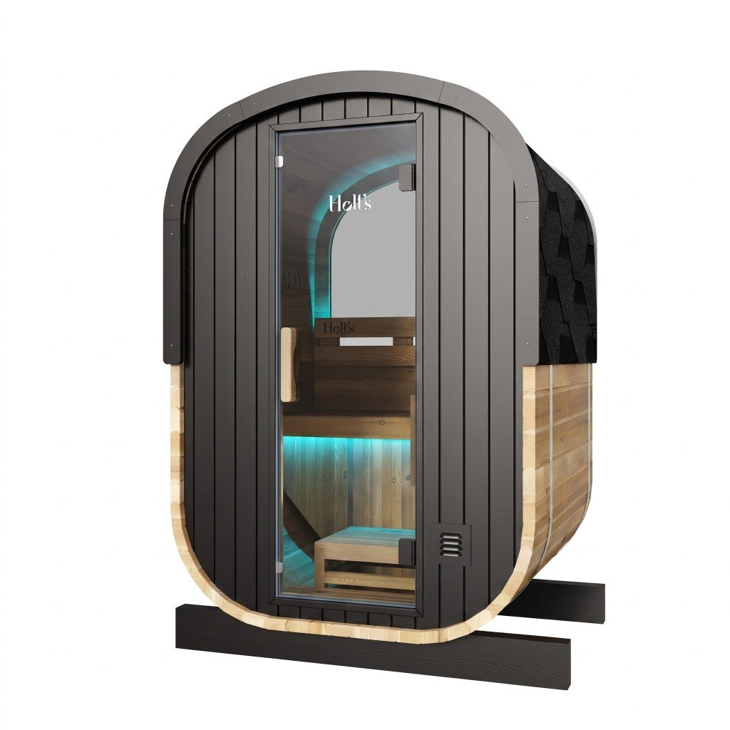 Holl's Cocoon 2 person traditional outdoor sauna in heat-treated Canadian pine with tinted glass door