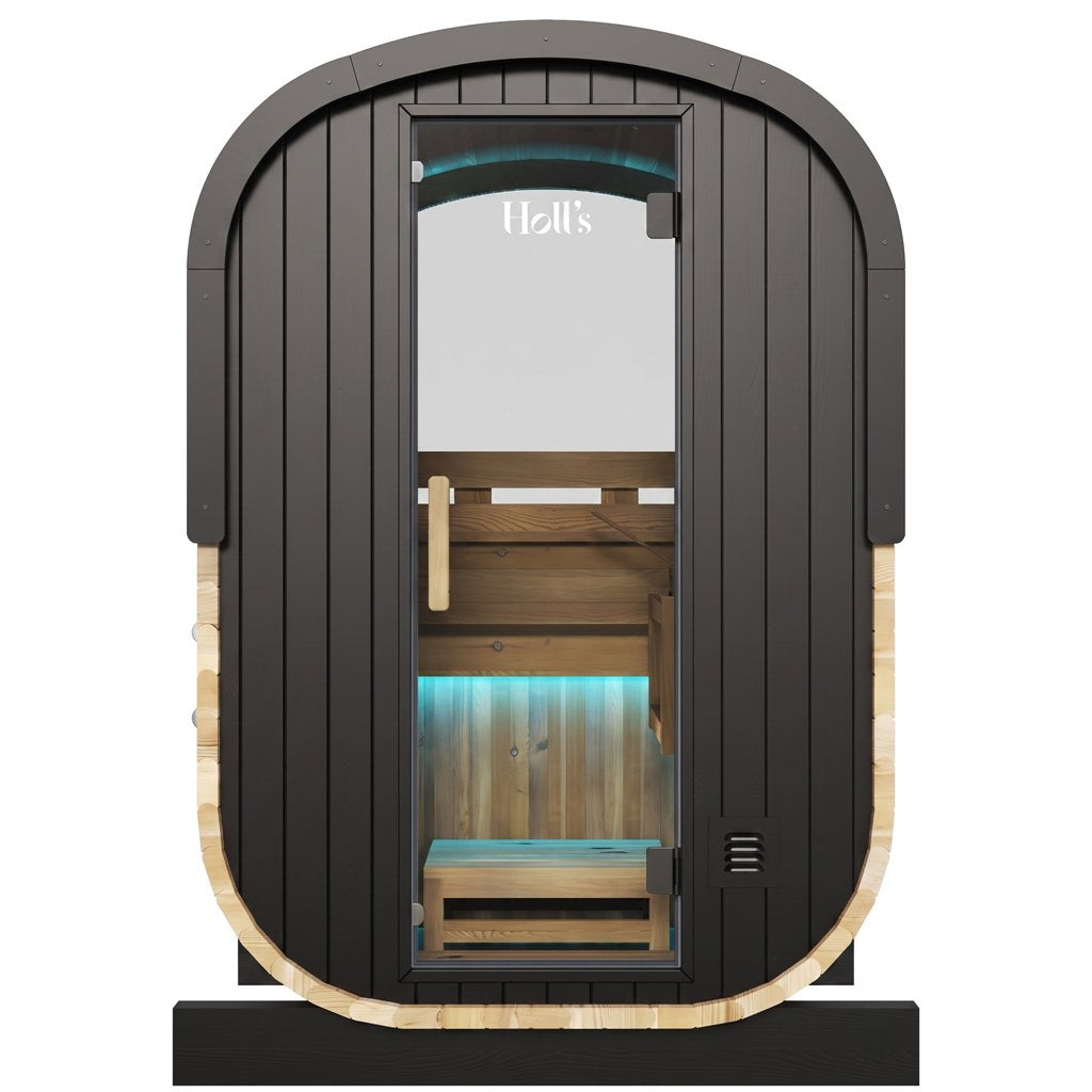 Holl's Cocoon outdoor sauna showing the half-moon rear window and pine cladding