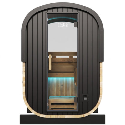 Holl's Cocoon outdoor sauna showing the half-moon rear window and pine cladding