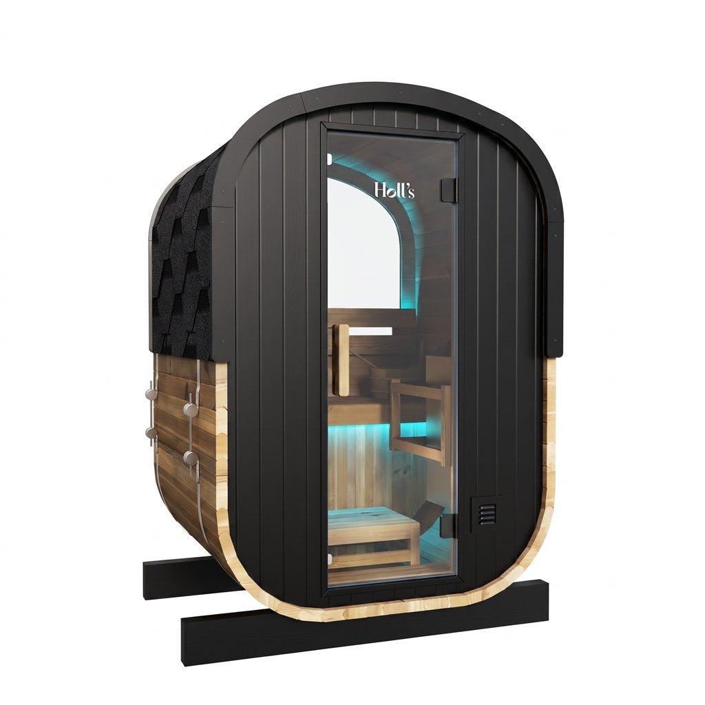 Holl's Cocoon sauna interior with raised bench and Vulkano Black 4.5kW heater