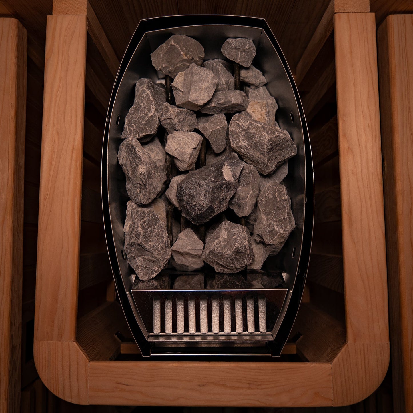 Close view of the 4.5kW Harvia heater supplied with the Insignia Hybrid Barrel Sauna