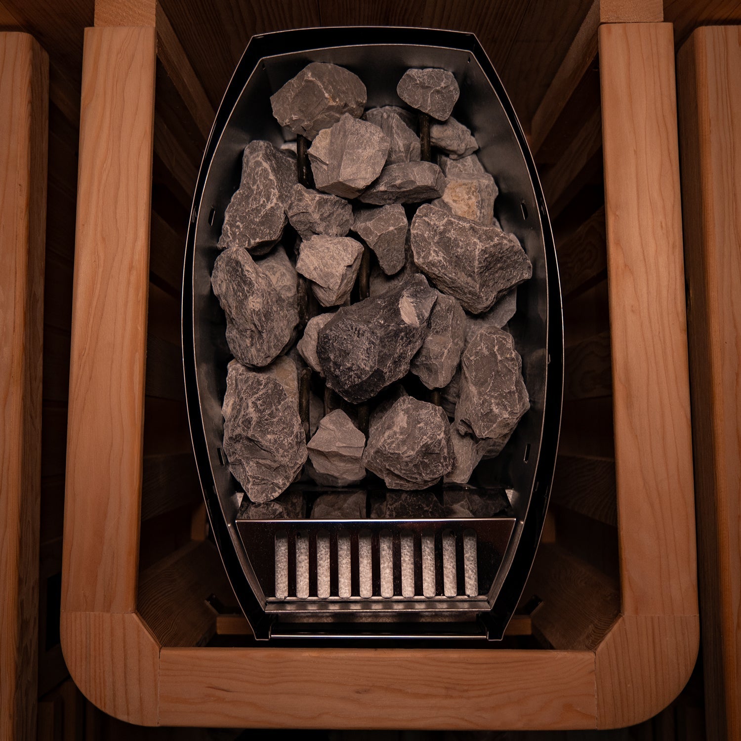 Close view of the 4.5kW Harvia heater supplied with the Insignia Hybrid Barrel Sauna