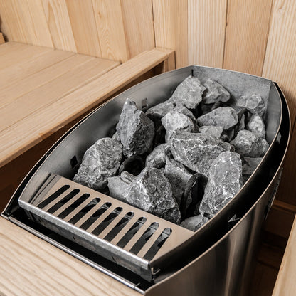 Harvia heater detail inside the Insignia Hybrid Barrel Sauna