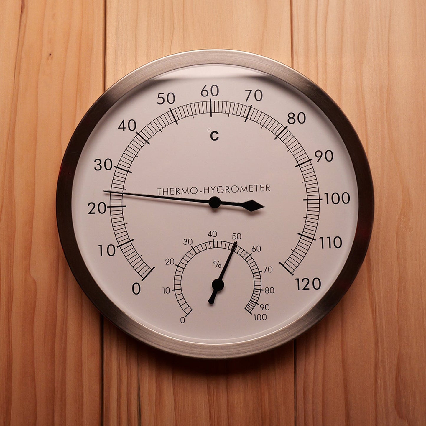 Temperature gauge and hygrometer included with the Insignia Hybrid Barrel Sauna