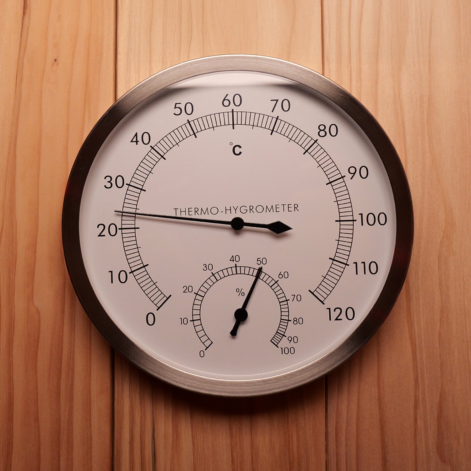 Temperature gauge and hygrometer included with the Insignia Hybrid Barrel Sauna