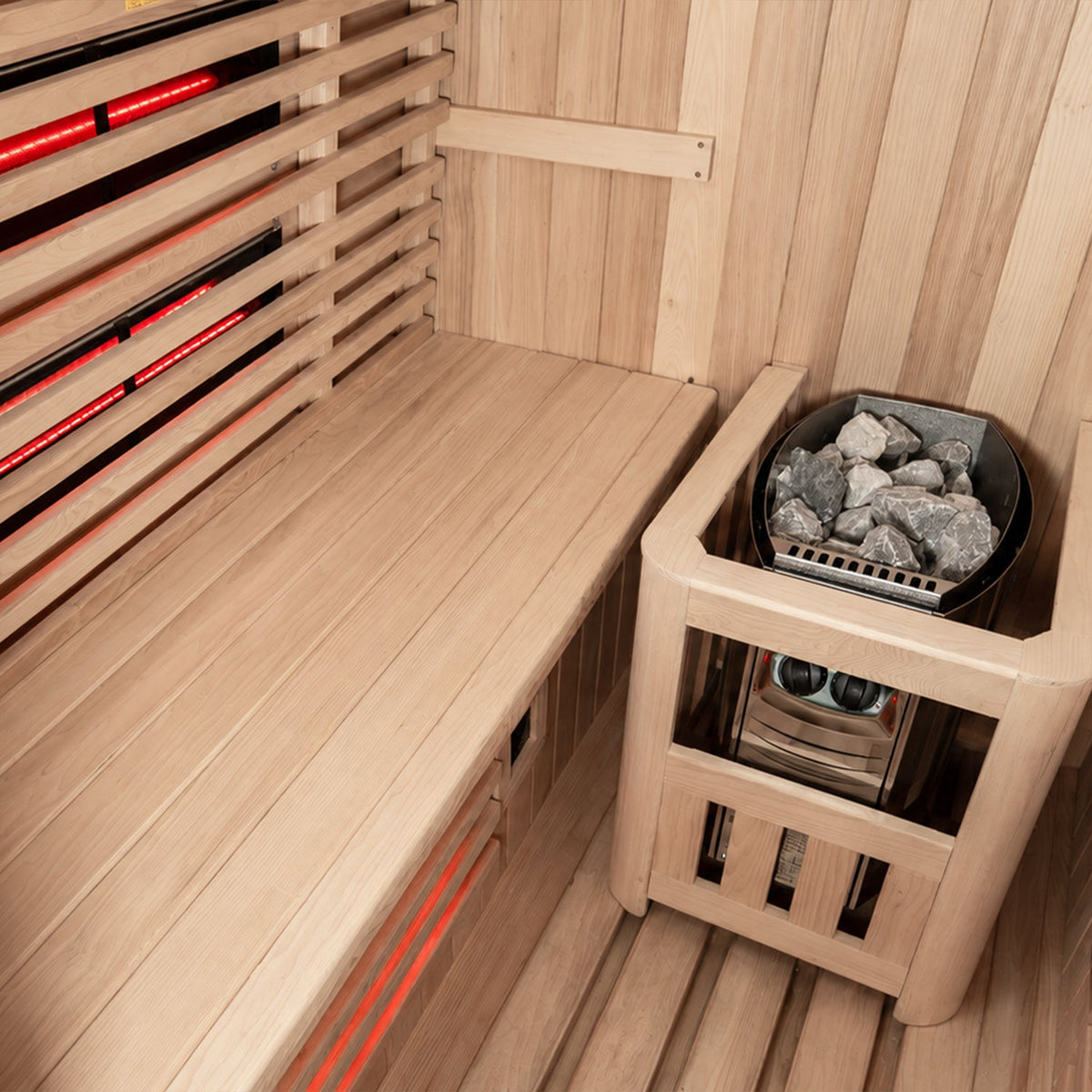 Insignia Hybrid Barrel Sauna interior, further view of the bench and heat sources