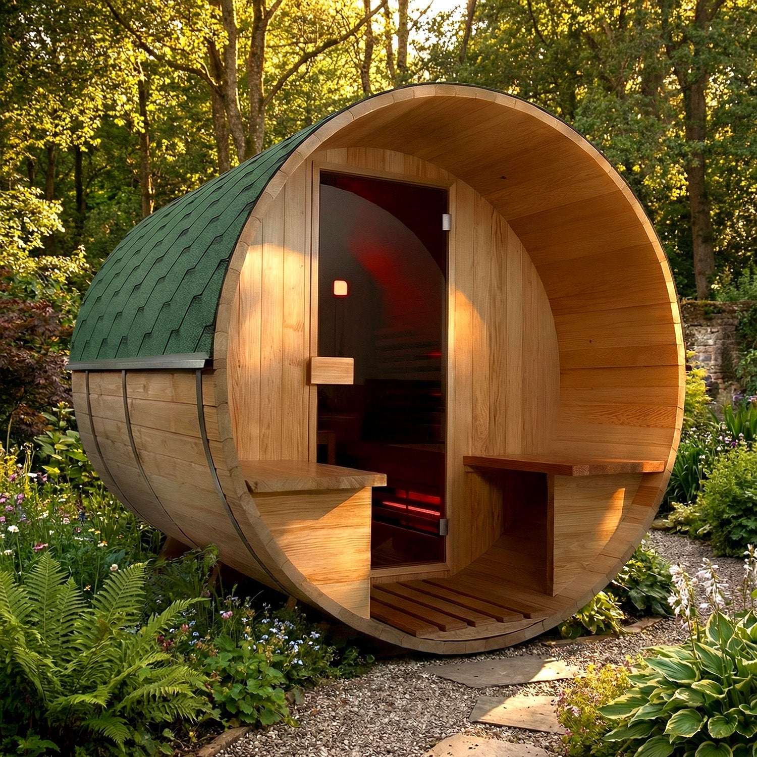 Insignia Hybrid Barrel Sauna shown in a garden setting with the porch seating