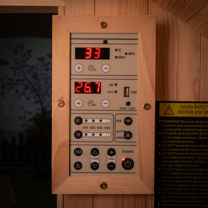 Dual heat control panel with Bluetooth, FM and USB audio in the barrel sauna