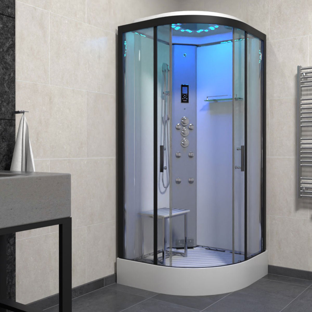 Insignia Platinum Shower Cabin 1000x1000mm - Black Frame/Clear Glass - Nuovo Luxury - Steam Shower Bath