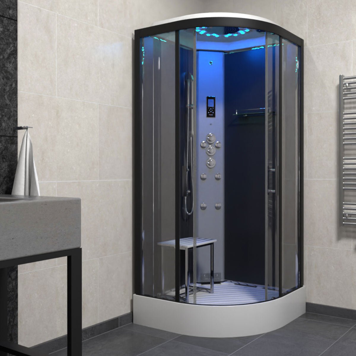 Insignia Platinum Shower Cabin 1000x1000mm - Black Frame/Clear Glass - Nuovo Luxury - Steam Shower Bath