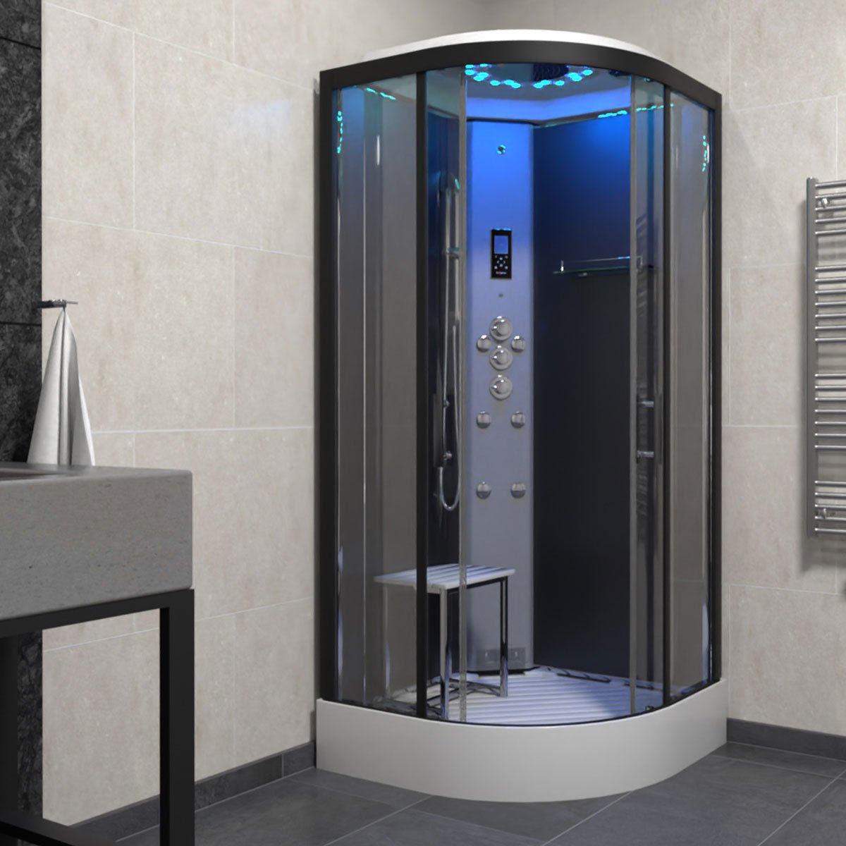 Insignia Platinum Shower Cabin 900x900mm - Black Frame/Clear Glass - Nuovo Luxury - Steam Shower Bath