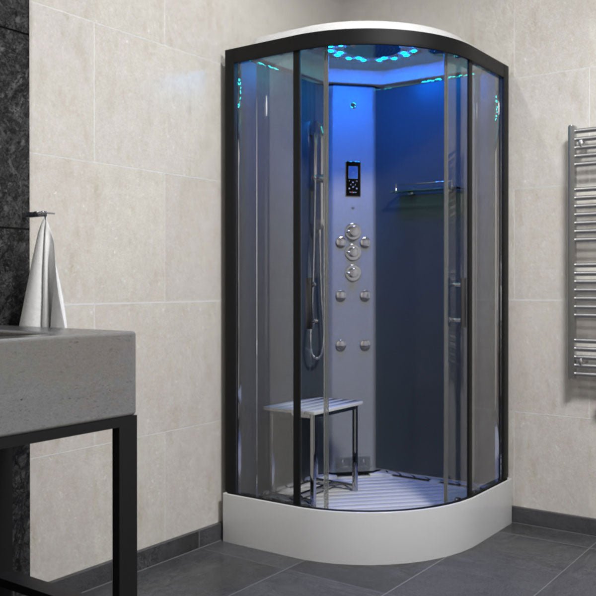 Insignia Platinum Shower Cabin 900x900mm - Black Frame/Clear Glass - Nuovo Luxury - Steam Shower Bath