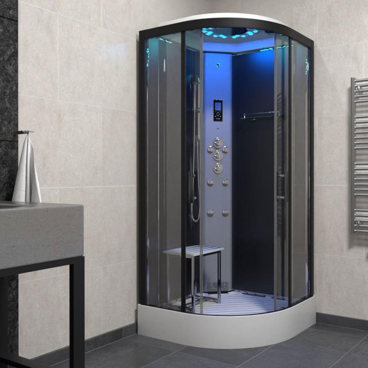 Insignia Platinum Shower Cabin 900x900mm - Black Frame/Clear Glass - Nuovo Luxury - Steam Shower Bath