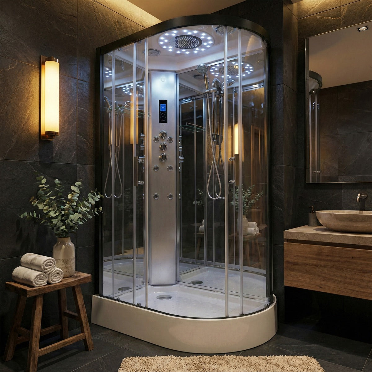 Platinum shower cabin 1200x800mm black frame in a luxury bathroom setting