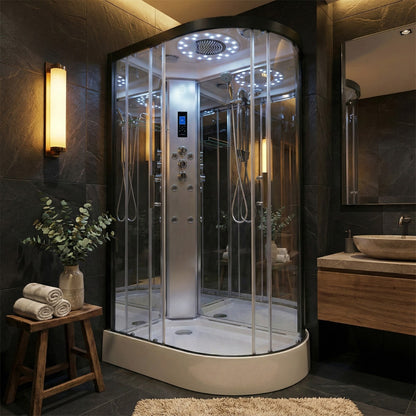 Platinum shower cabin 1200x800mm black frame in a luxury bathroom setting