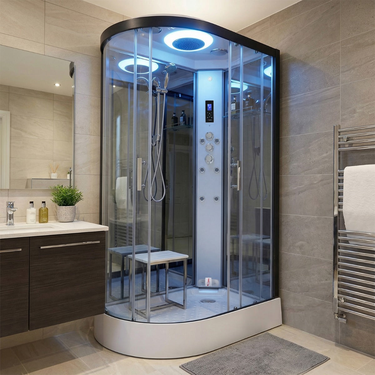 Premium steam shower 1100x700mm in a luxury bathroom setting