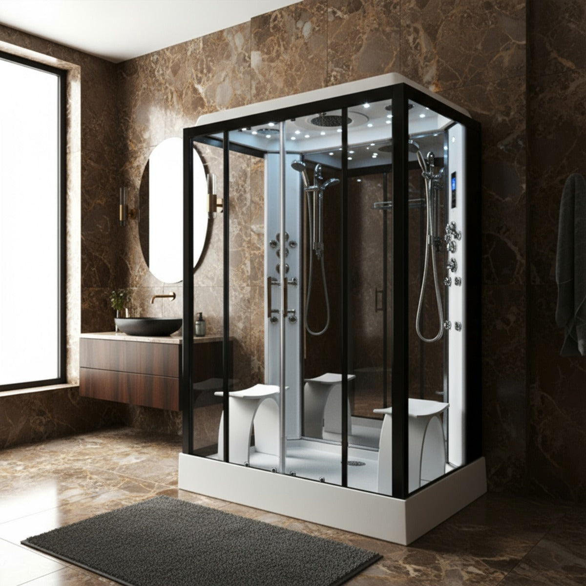 Platinum twin steam shower in a luxury bathroom setting
