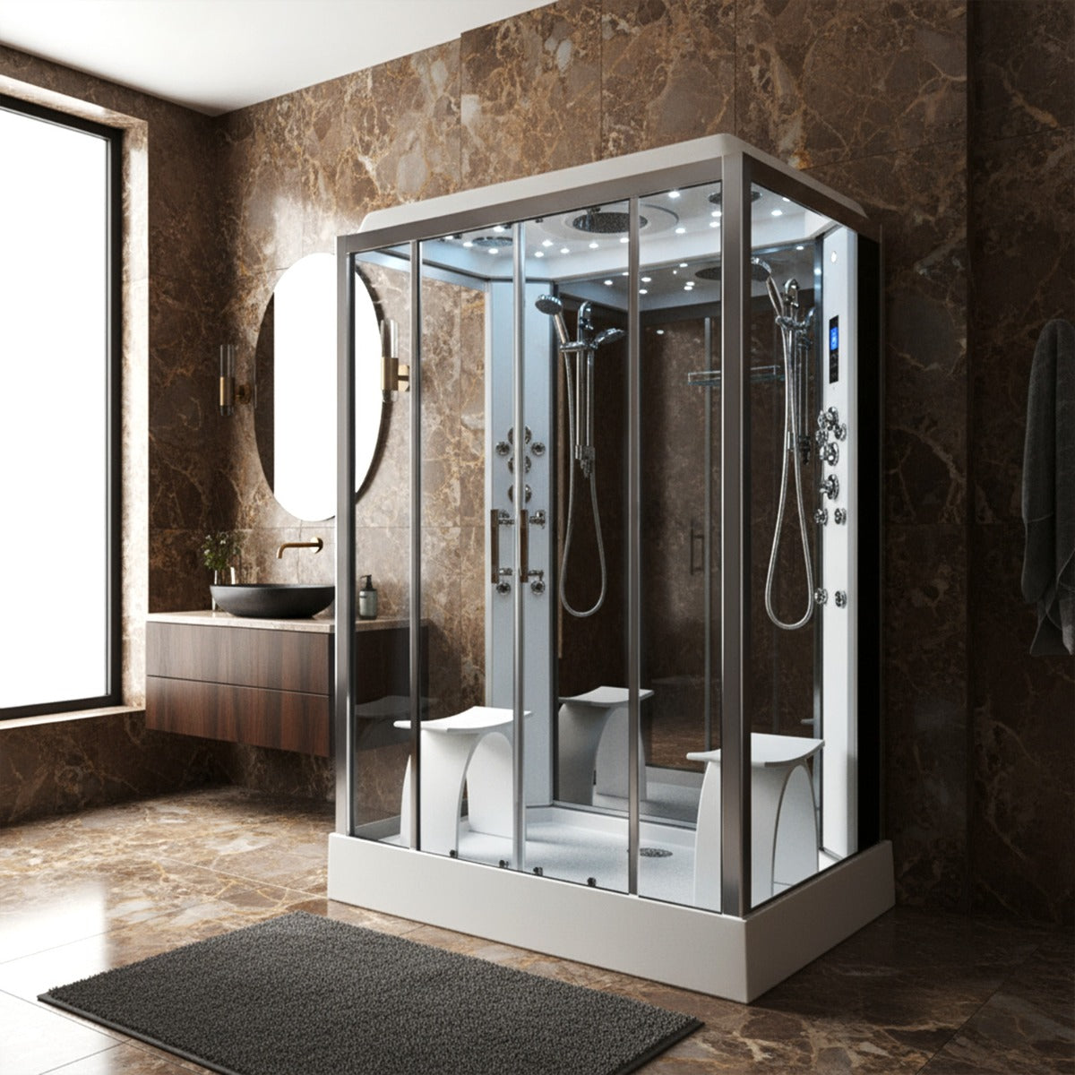 Platinum twin steam shower chrome frame in a luxury bathroom setting