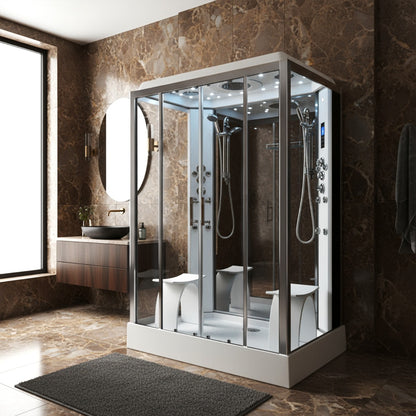 Platinum twin steam shower chrome frame in a luxury bathroom setting