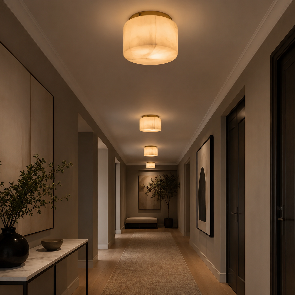 Modern hallway with ceiling lights, wall art, and decorative plants.
