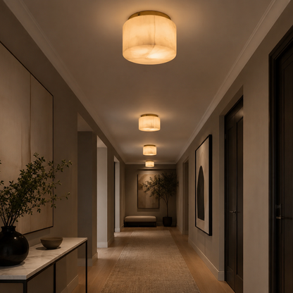 Modern hallway with ceiling lights, wall art, and decorative plants.
