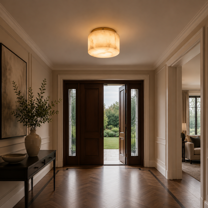 Modern interior hallway with open door leading to garden