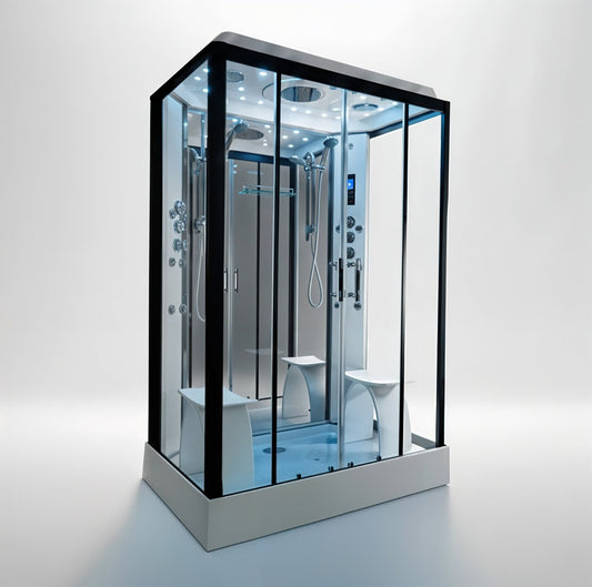 Platinum twin steam shower 1400x900mm black frame with mirror back wall