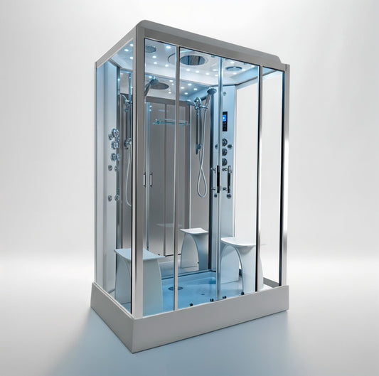 Platinum twin steam shower 1400x900mm chrome frame with mirror back wall