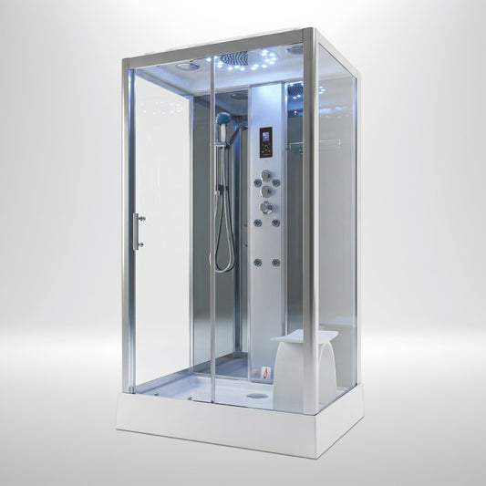 Platinum steam shower 1150x850mm chrome frame with mirror back wall