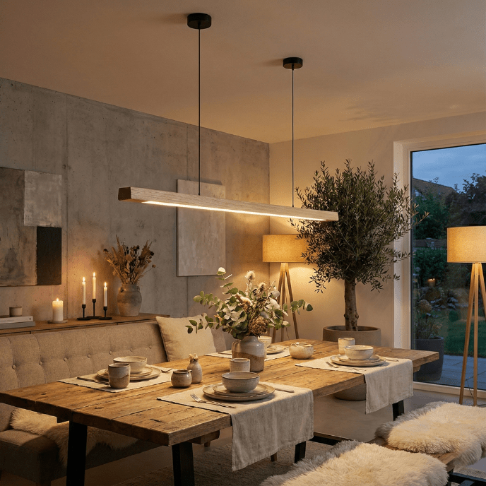 Walnut linear LED pendant light hanging above dining table, warm glow