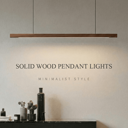 Walnut pendant light illuminated, warm 3000K light over dining table