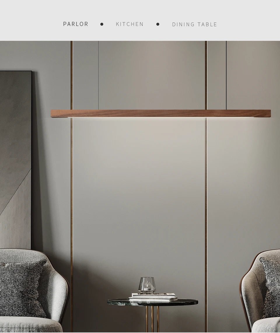 Walnut 120cm linear pendant above marble kitchen island, warm lighting