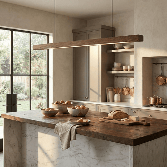 Nordic Timber Line pine linear pendant installed above kitchen island