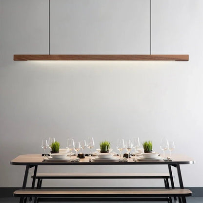 Close-up of integrated LED strip inside pine linear pendant body