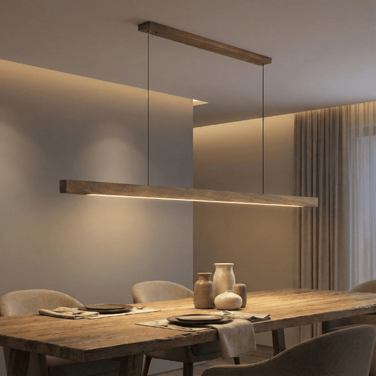 Nordic Timber Line walnut linear pendant light on white background