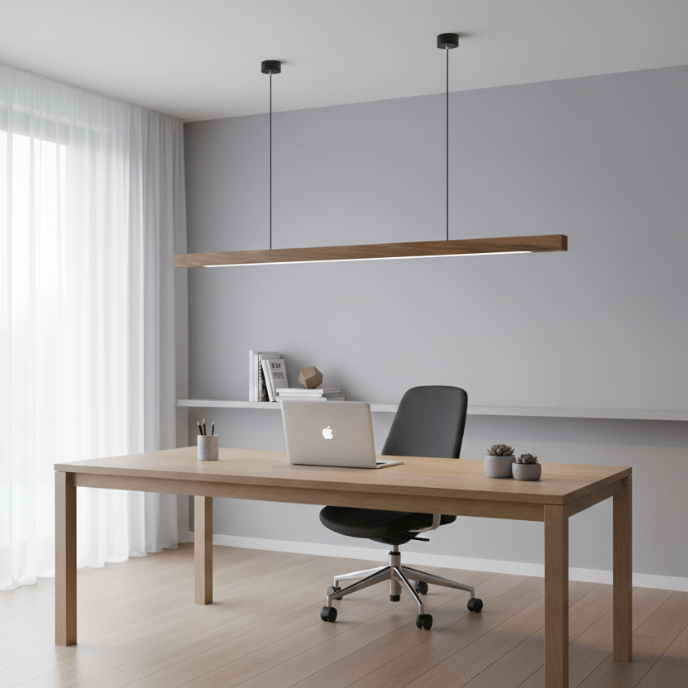 Walnut linear pendant 180cm installed in open-plan kitchen dining space