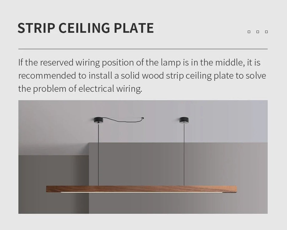 Pine linear pendant light, side profile showing slim wooden body