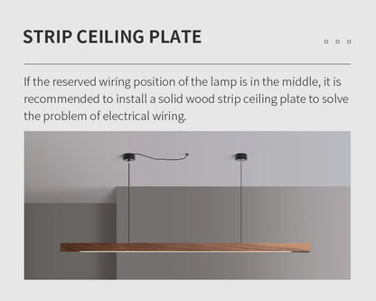 Pine linear pendant light, side profile showing slim wooden body