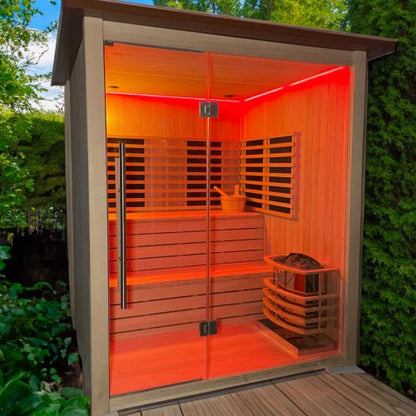 Outdoor Hybrid - Heating 4 Person Infrared & Electric Stove Sauna 2m x 2m - Nuovo Luxury - Outdoor Sauna