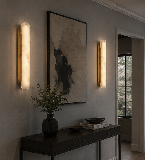 Oval alabaster wall light mounted beside a bed as a bedside reading light