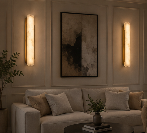 Ovale alabaster wall sconce lighting a hallway at low level