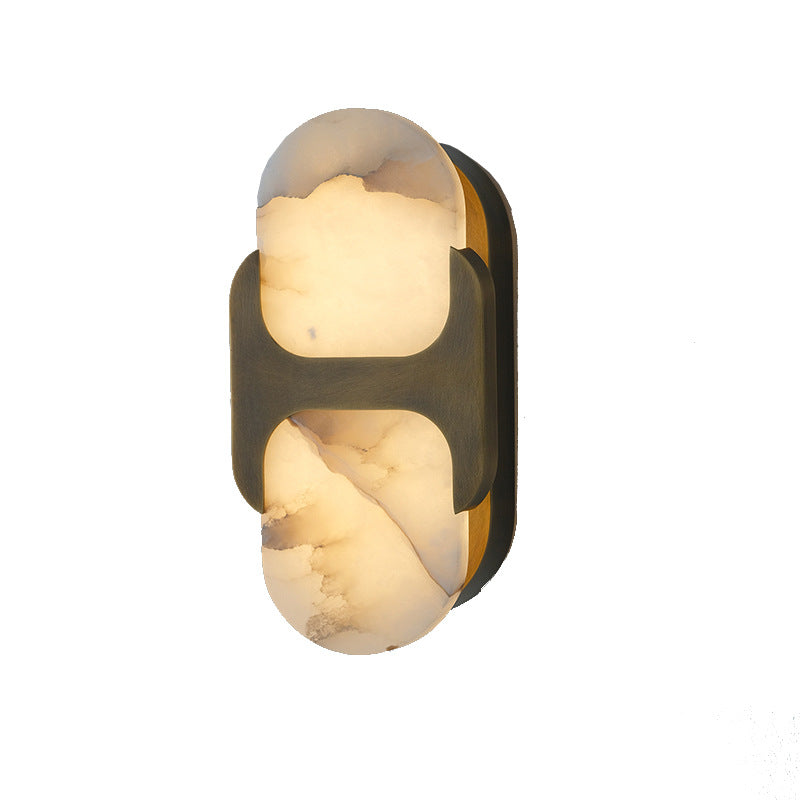Ovale copper and alabaster oval wall sconce, full product view showing the copper arm and natural alabaster shade