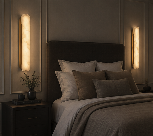 Ovale copper and alabaster wall sconce shown from an alternative angle