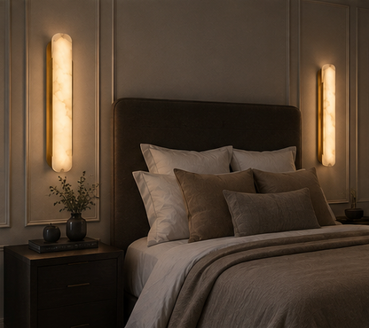 Ovale copper and alabaster wall sconce shown from an alternative angle