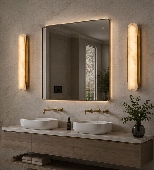 Ovale wall sconce detail showing the copper frame and the veining in the alabaster shade