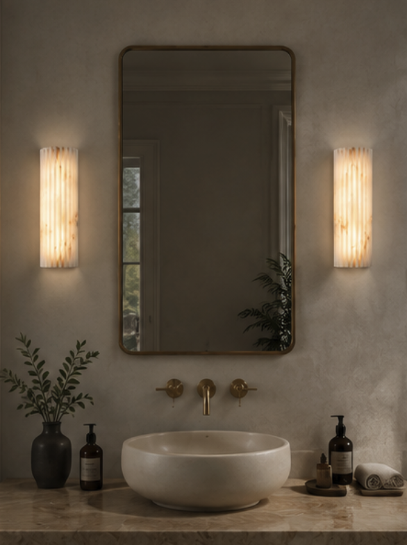 Puro cylindrical alabaster wall light showing the natural stone veining when lit