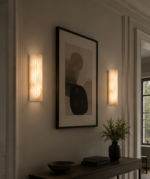 Puro alabaster wall sconce shown from an alternative angle against a plain wall