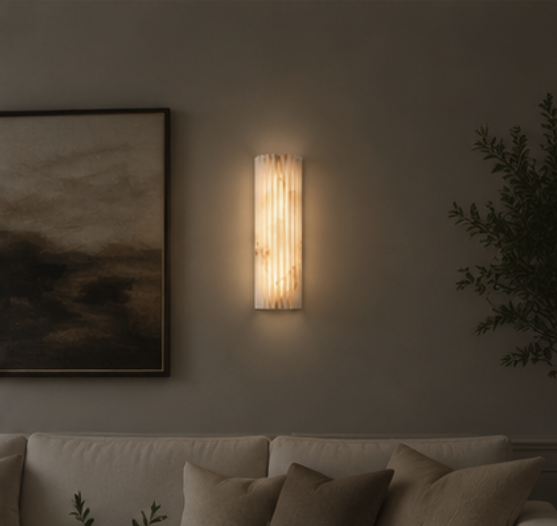 Puro alabaster wall sconce lighting a corridor wall