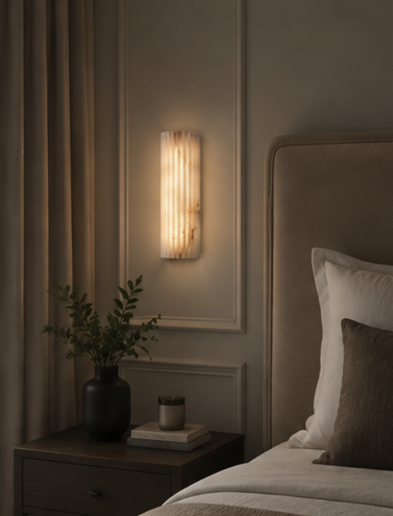 Puro alabaster wall sconce shown in cool daylight colour temperature setting